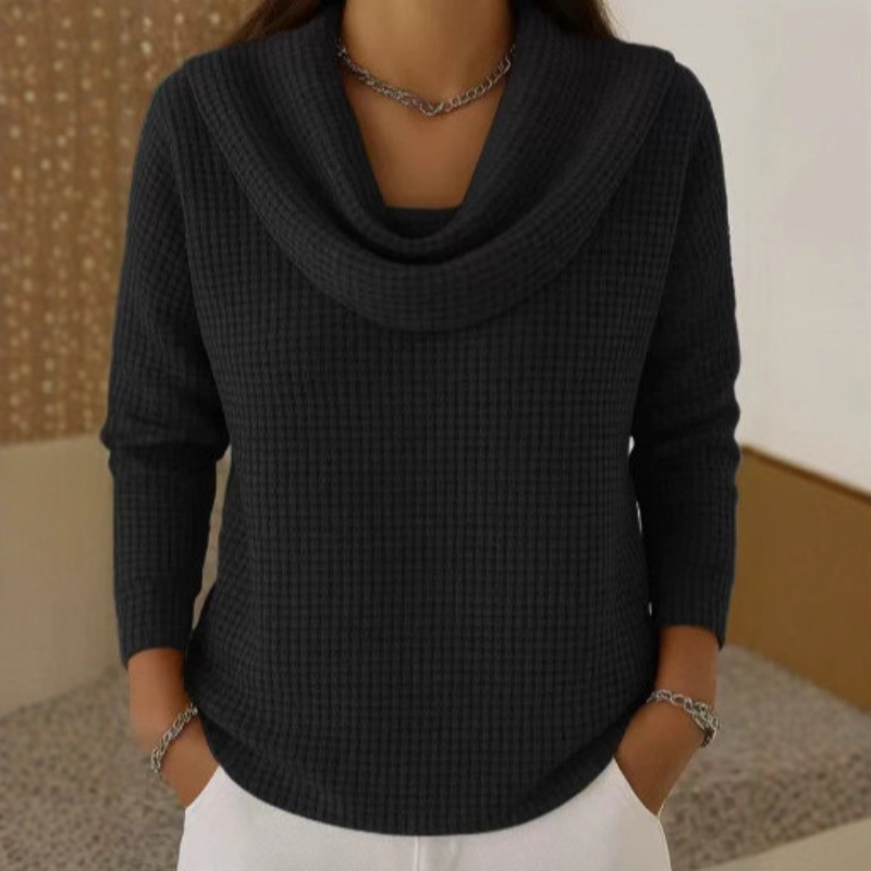 Cowl Neck Long Sleeve Waffle Knit Sweater
