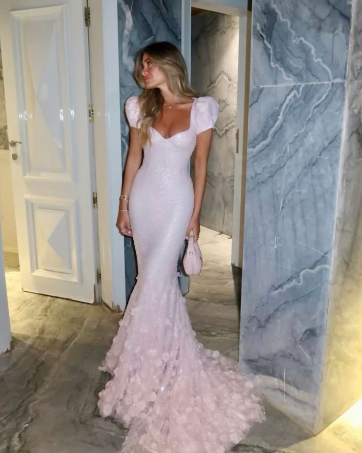 Classy Sweetheart Neck Pink Sequin Appliques Mermaid Prom Dress Long Party Gown D1018