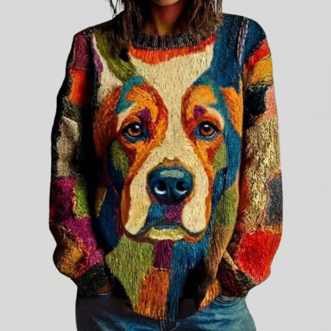 Dog Print Crew Neck Long Sleeve Sweater