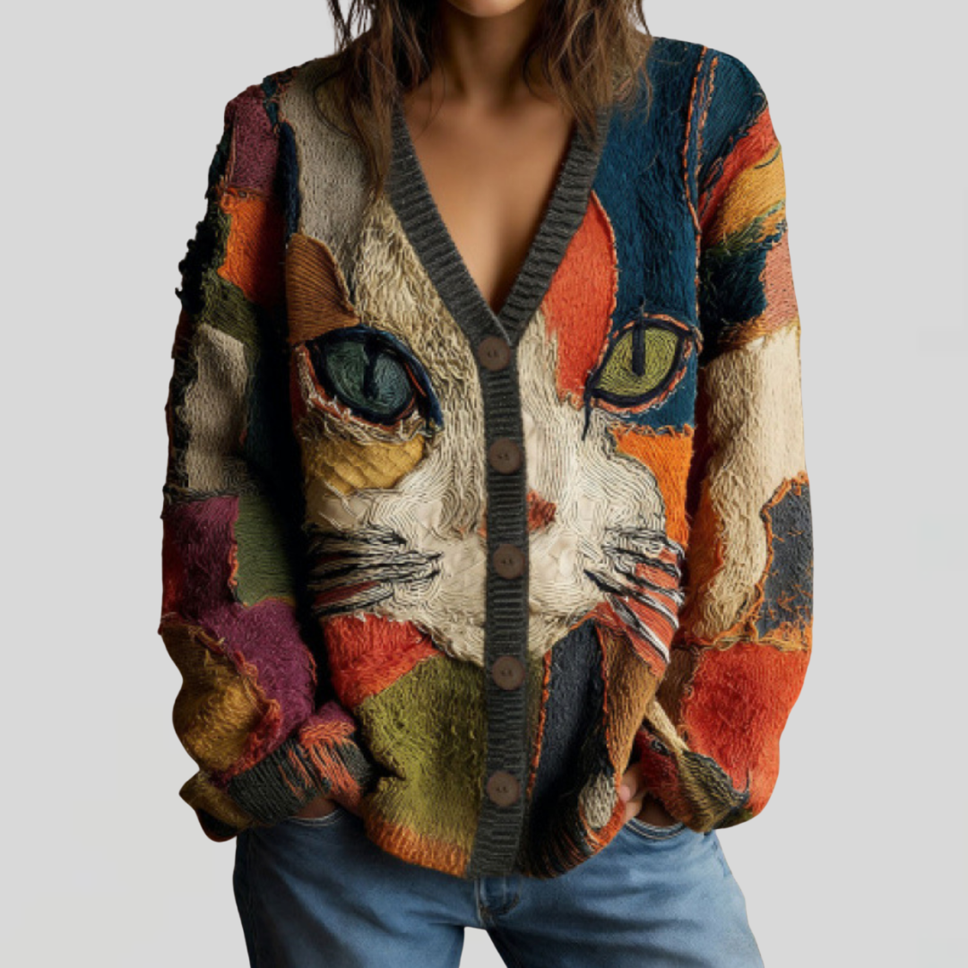 Cat Print Patchwork V-Neck Button Front Knit Cardigan