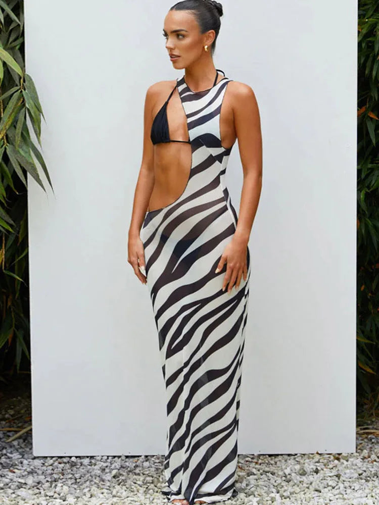 Striped Mesh Cut Out Midi Dress 4