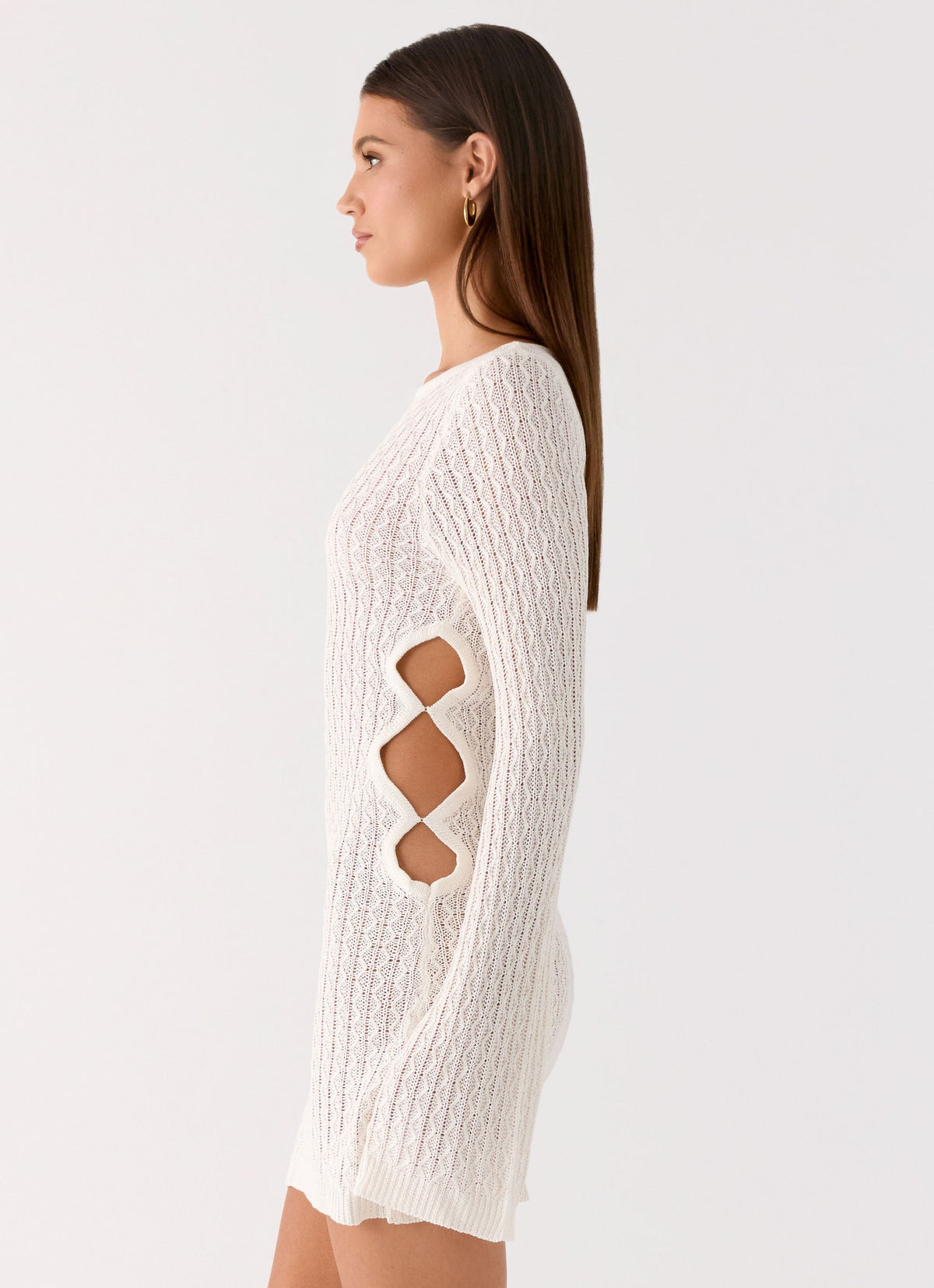 Crochet Knit Long Sleeve Side Cut Out Bodycon Mini Dress 2