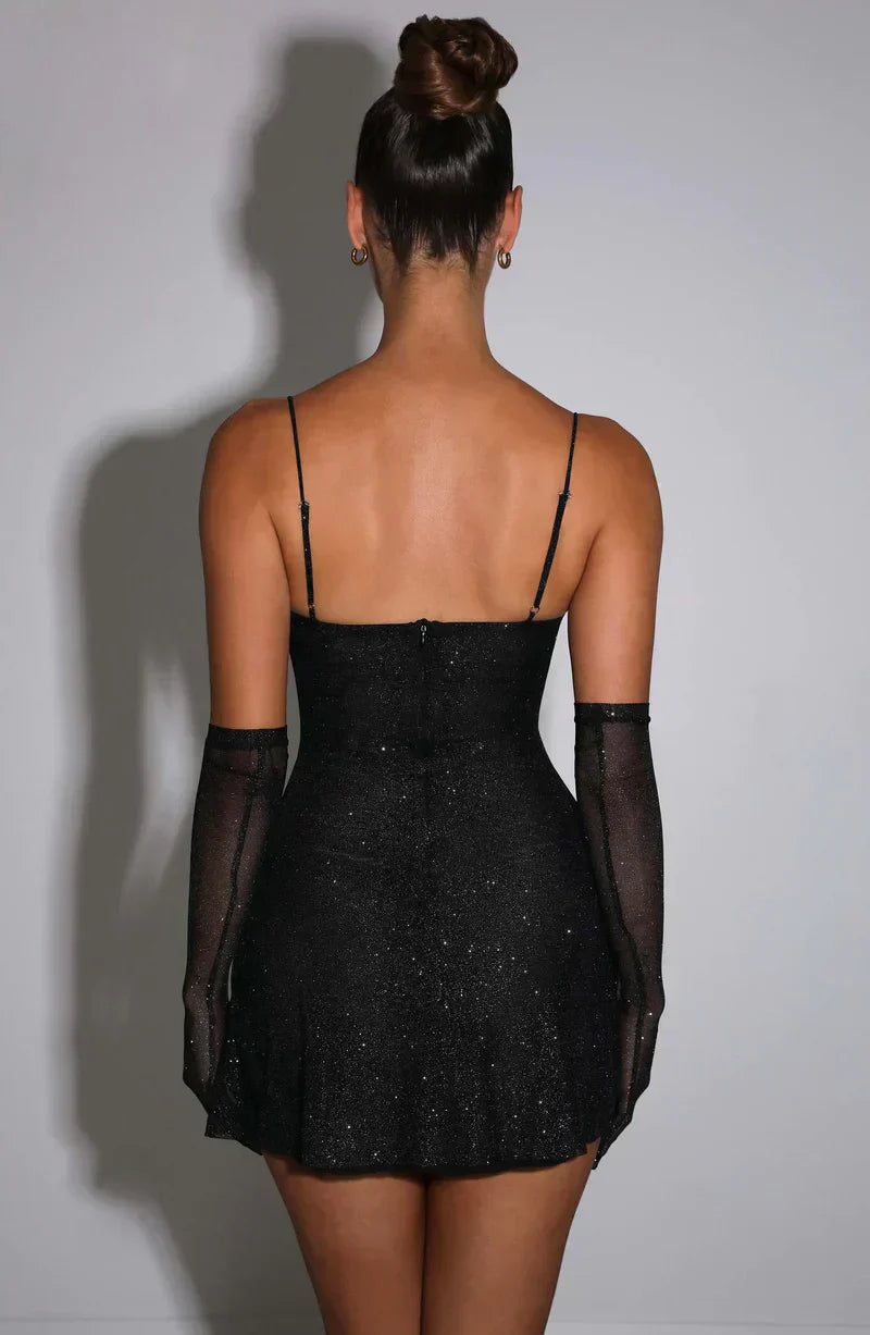 Sequin Spaghetti Strap Bustier Mesh Hem Mini Dress and Gloves Set
