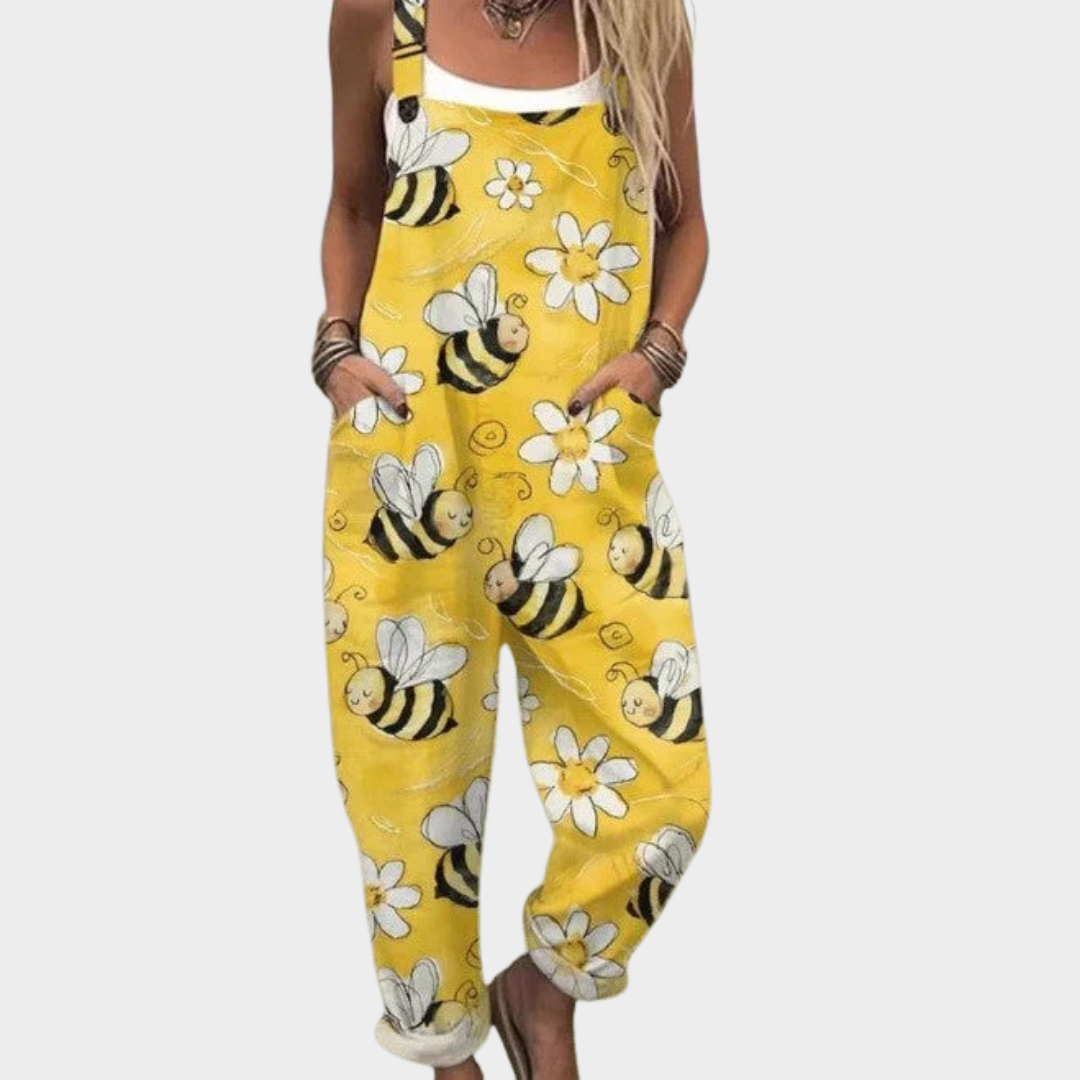 Bee and Floral Print Pocket Overall Jumpsuit