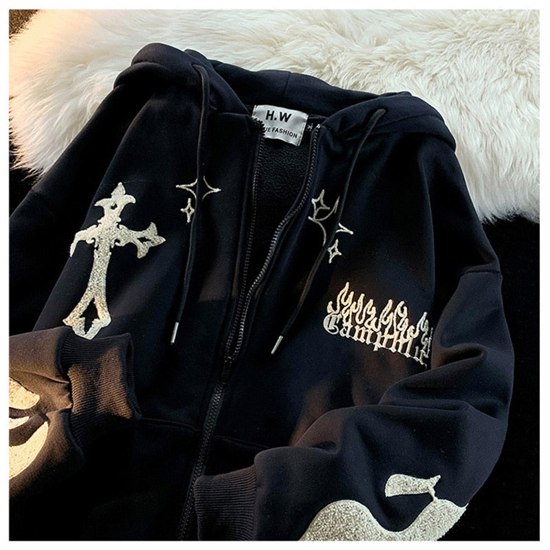 Cross and Flame Embroidered Patch Zip Up Drawstring Hoodie