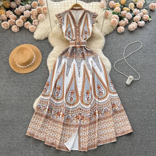 Bohemian Print Deep V-Neck Flutter Shoulder Button Front Belted Maxi Dress