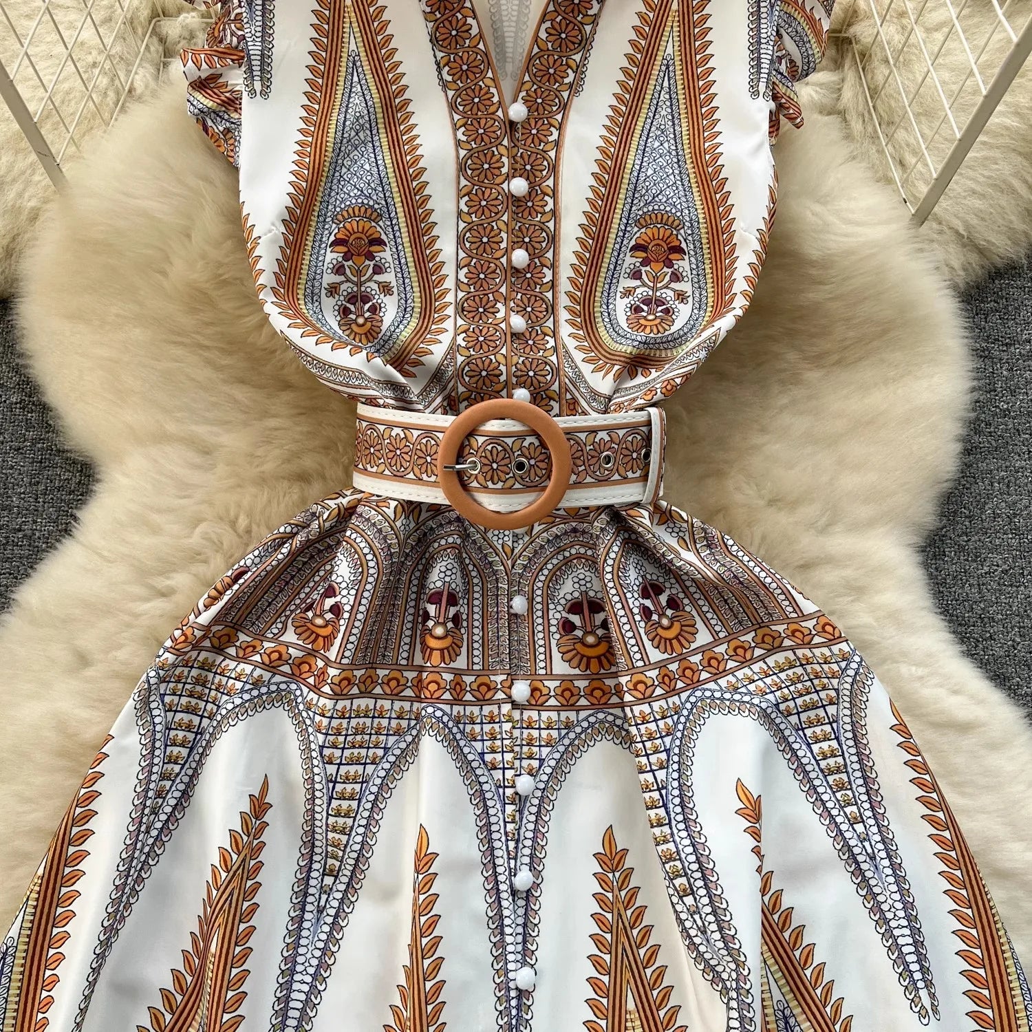 Bohemian Print Deep V-Neck Flutter Shoulder Button Front Belted Maxi Dress