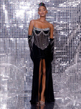 Zyaire Velvet Crystal Maxi Dress With Gloves 3
