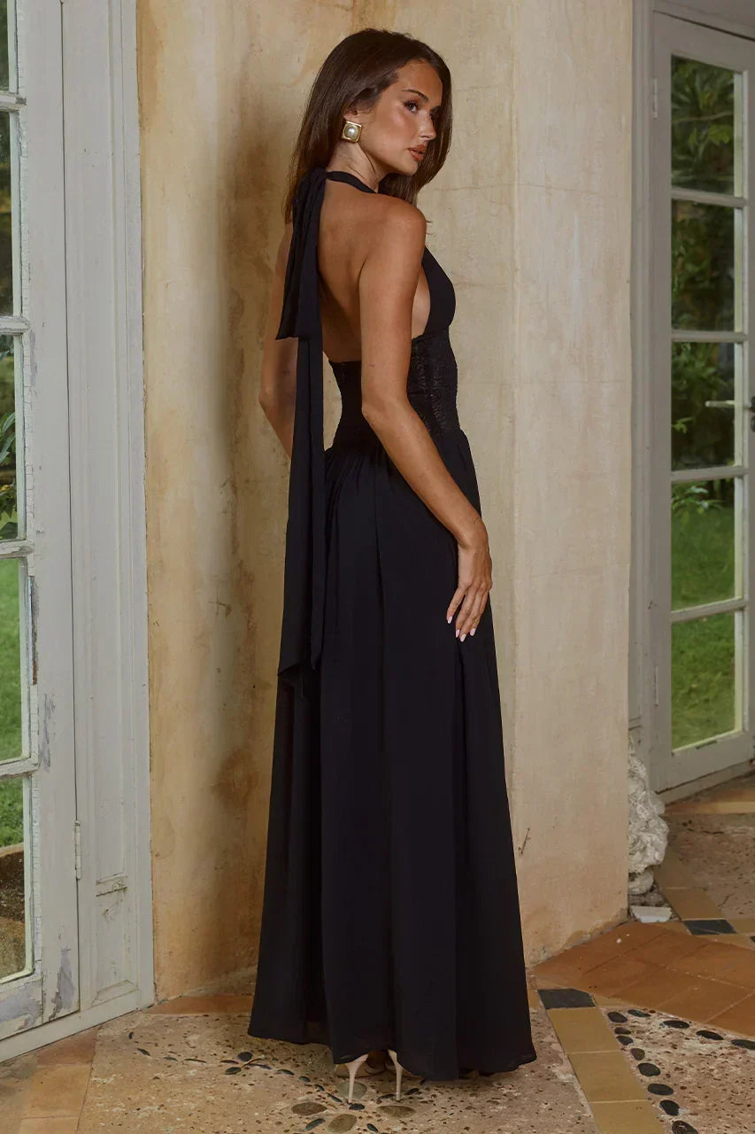 Plunge Halter Neck Lace Waist Panel Flowy Maxi Dress 5