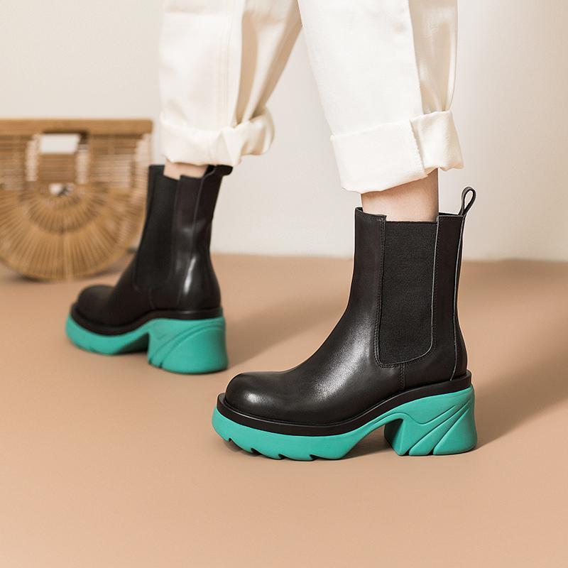 Colorful Sole Leather Chelsea Boots Designer Retro Chunky Riding Boots High Heel Handmade
