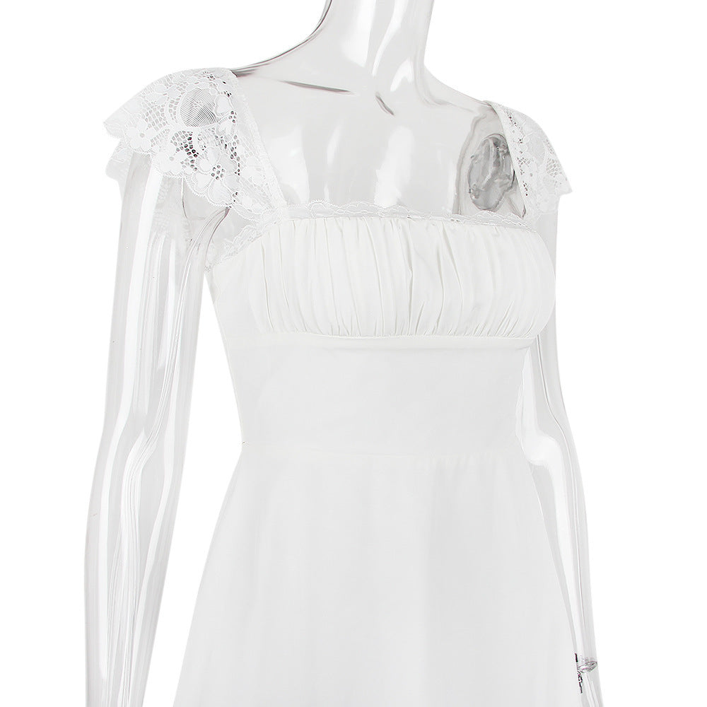 Lace Trim Square Neck Ruched Fit and Flare Mini Dress 33