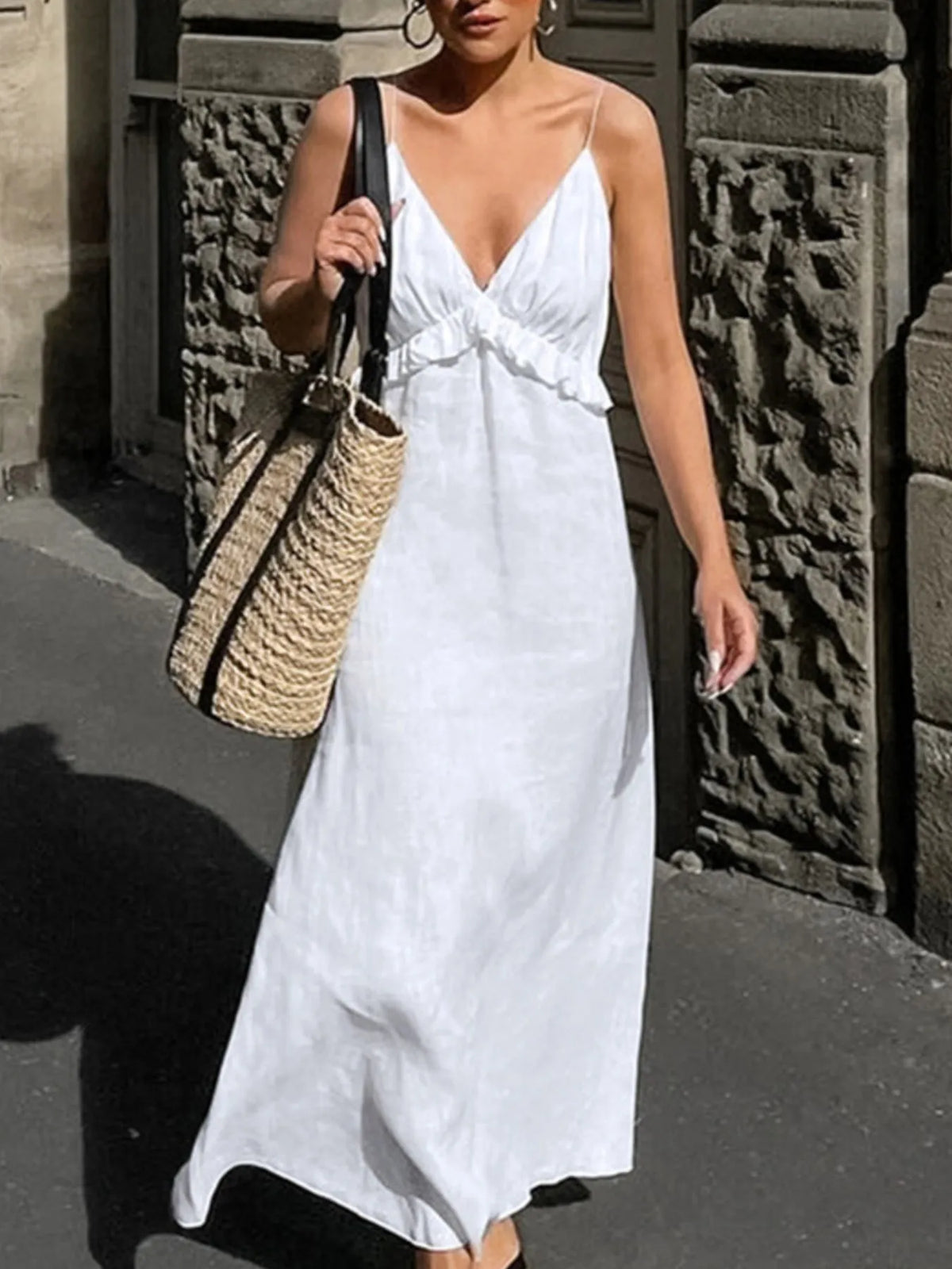 Deep V-Neck Spaghetti Strap Ruffle Trim A-Line Maxi Dress 3