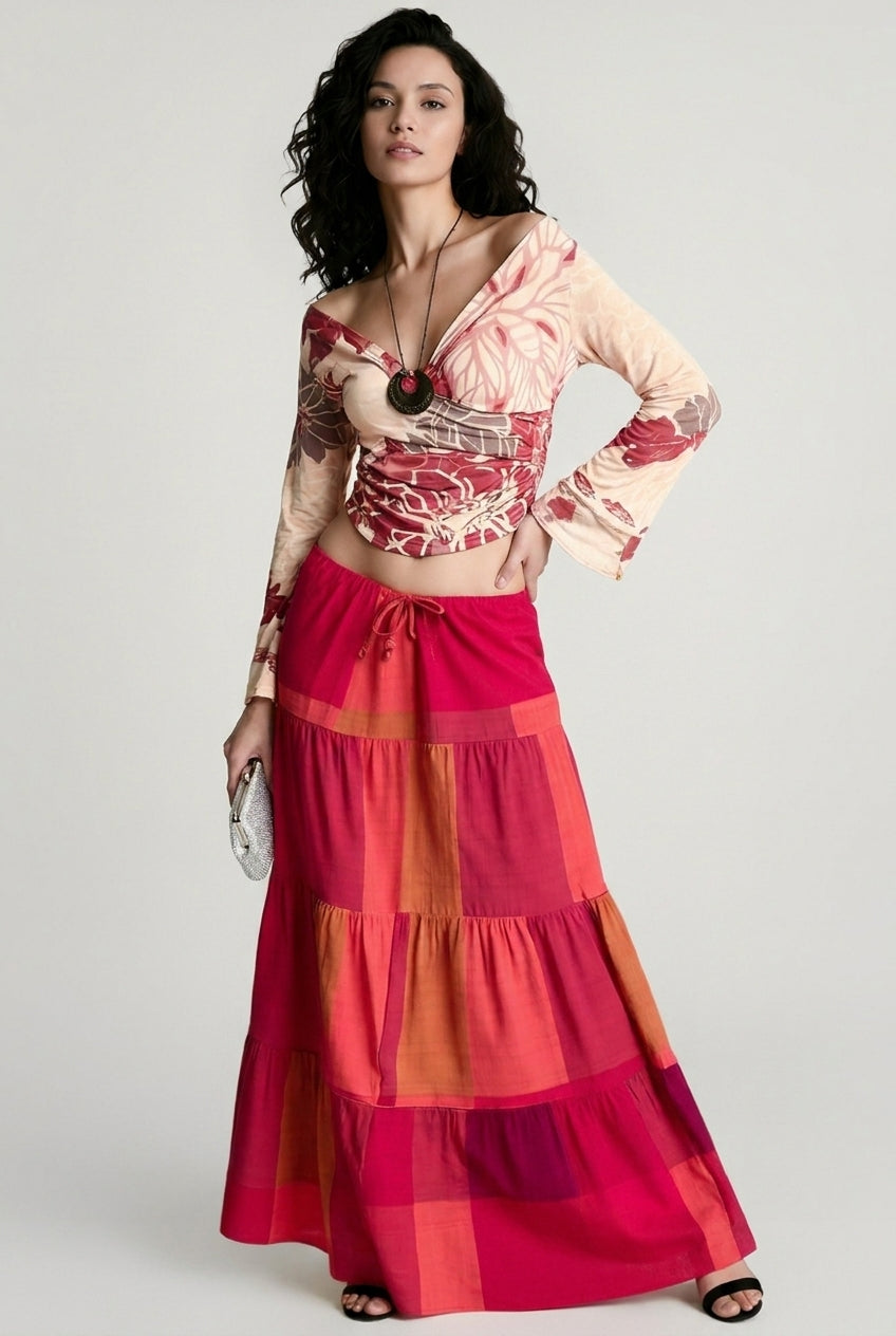 Color Block High Waist A Line Vacation Skirt