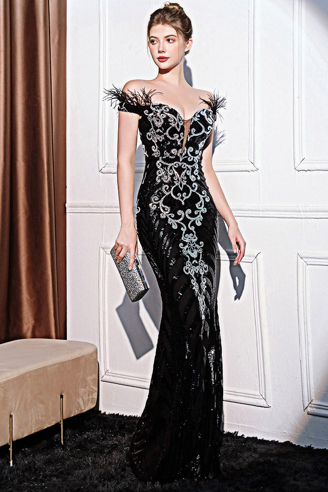 Refined OffShoulder Slim Maxi Sequin Dress