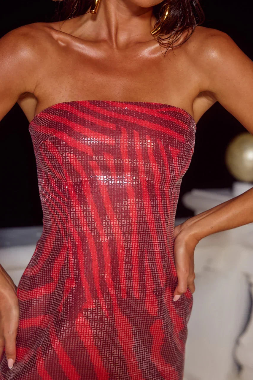 Abstract Stripe Sequin Strapless Bodycon Mini Dress 3