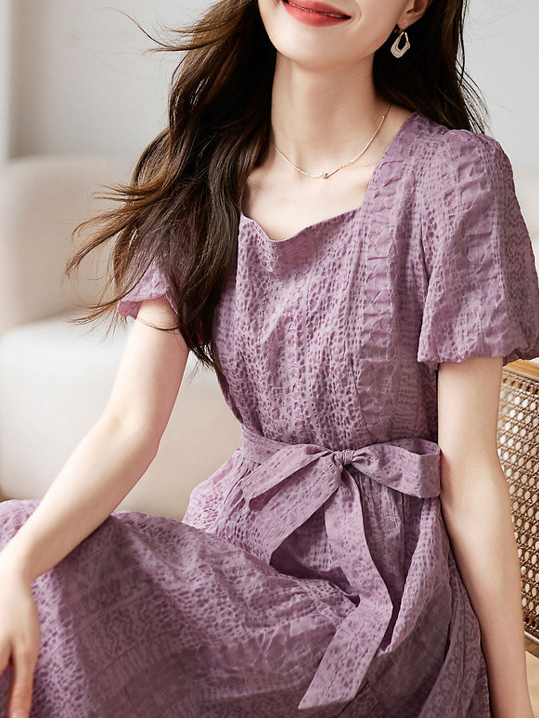 Square Neck Short Sleeve Tie Belt Tiered Crinkle Texture A-Line Midi Dress