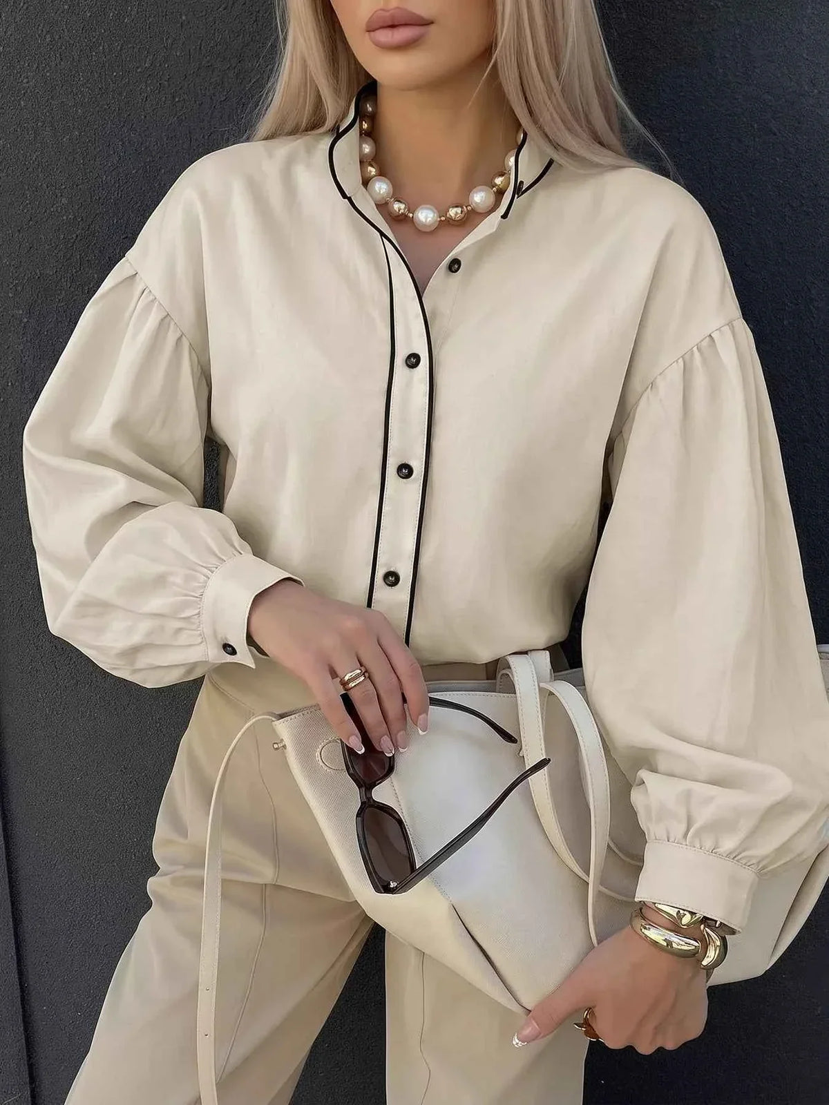 Contrast Piping Band Collar Button Front Puff Sleeve Blouse 3
