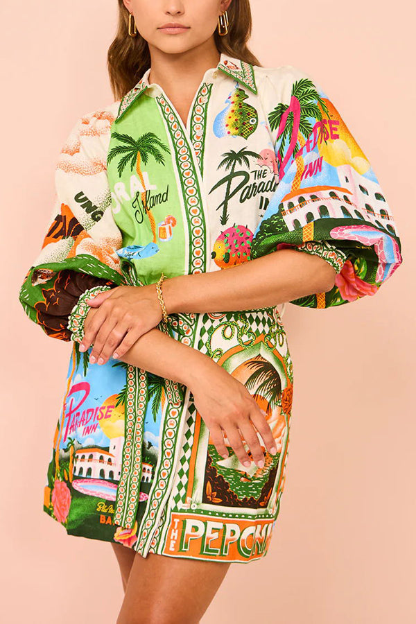 Scenic Print Puff Sleeve Shirt and Belted Mini Skirt Two Piece Set