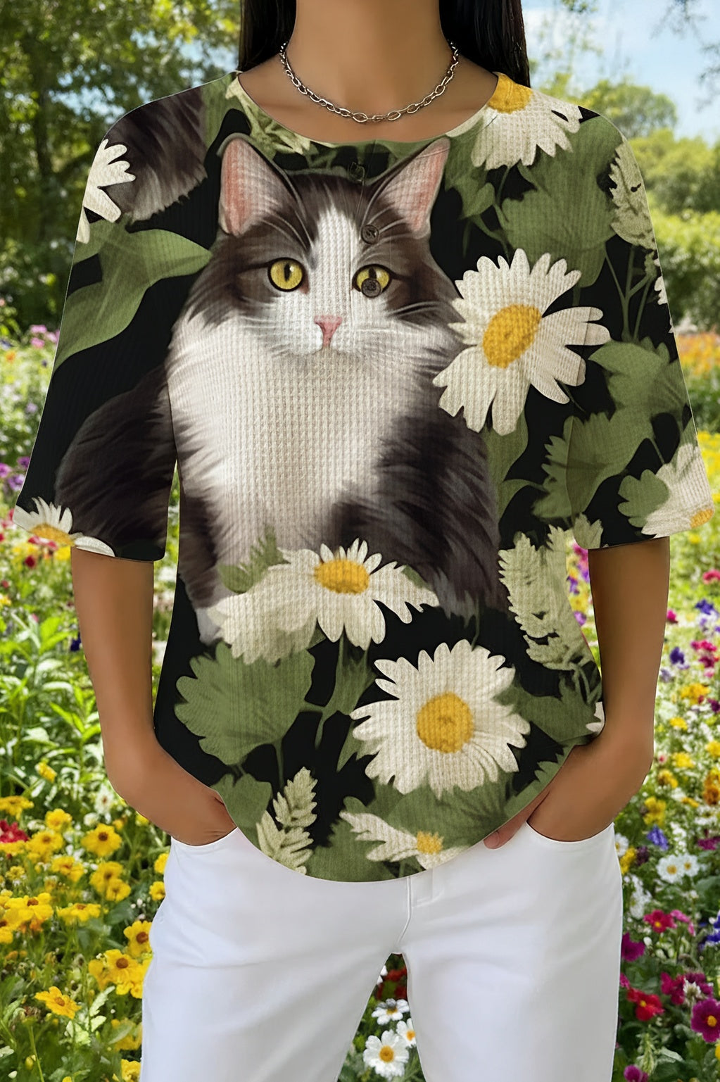 Womens Black Daisy White Cat Print Casual Shirt