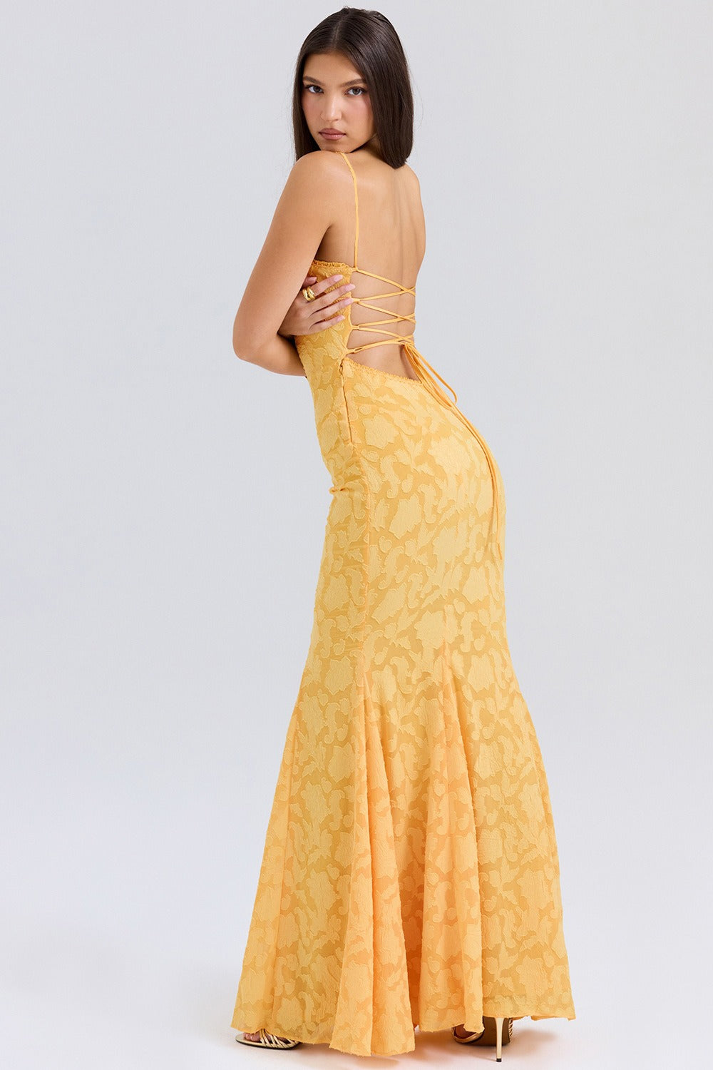 Strapless Lace Backless Waist Tie Maxi Lace Dress