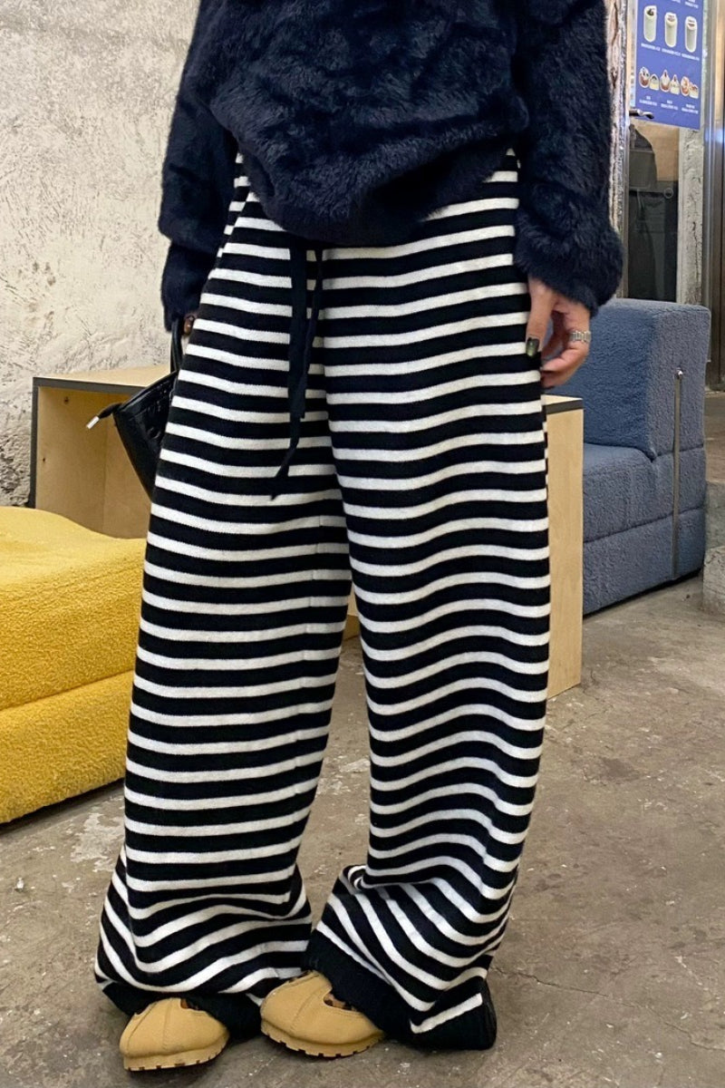 Striped Knit Drawstring Waist Ribbed Hem Wide Leg Sweater Pants 3