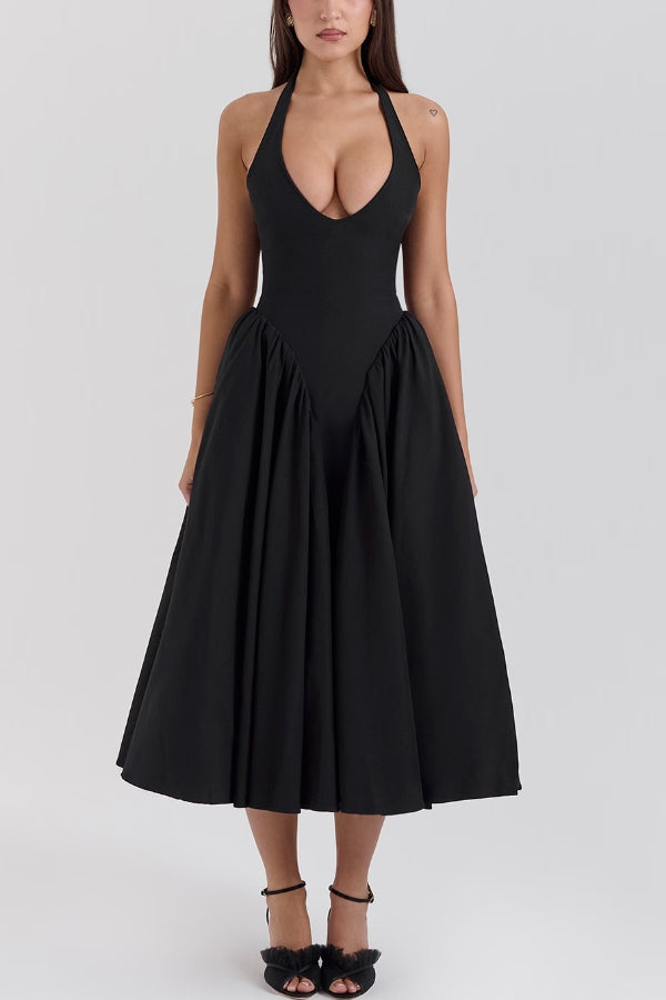 Timeless Lilly Solid a Line Halter Midi Dresses with Deep V Neck Boutique Dress Collection