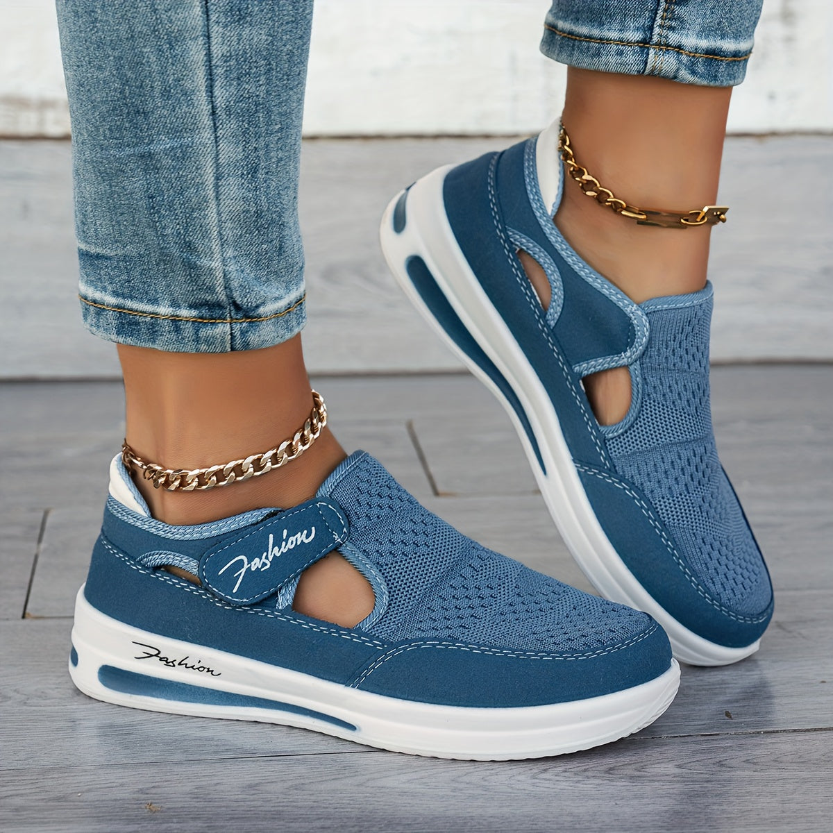 Mesh Cutout Hook and Loop Strap Air Cushion Sneakers