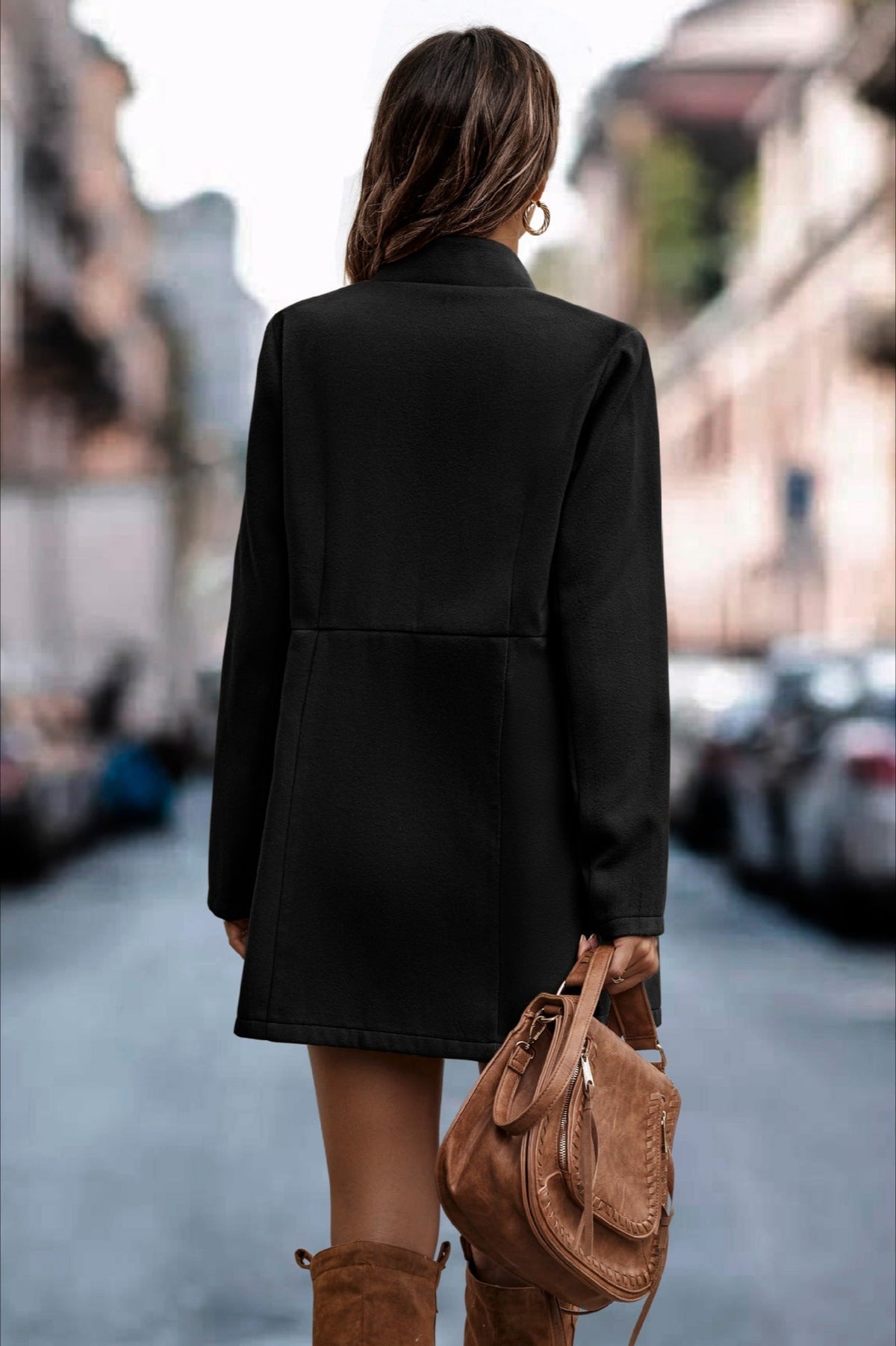 Collarless Open Front Long Sleeve Seamed Mid Length Coat 10