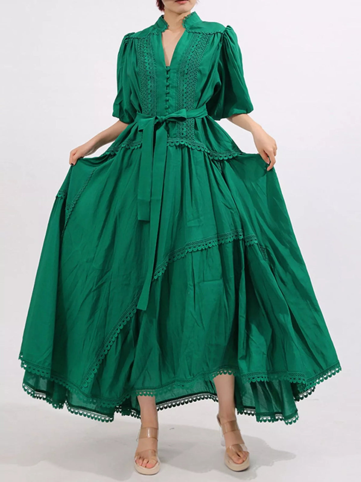 Crochet Lace Trim Notched Neck Puff Sleeve Tie Waist Tiered Maxi Dress 5