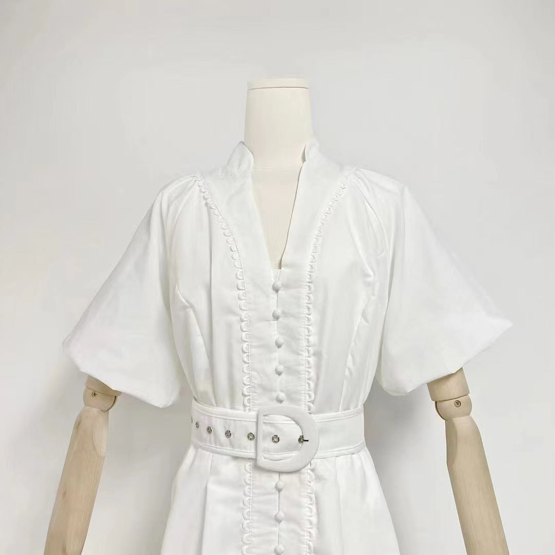 V-Neck Puff Sleeve Belted Button Front Eyelet Lace Mini Dress 8