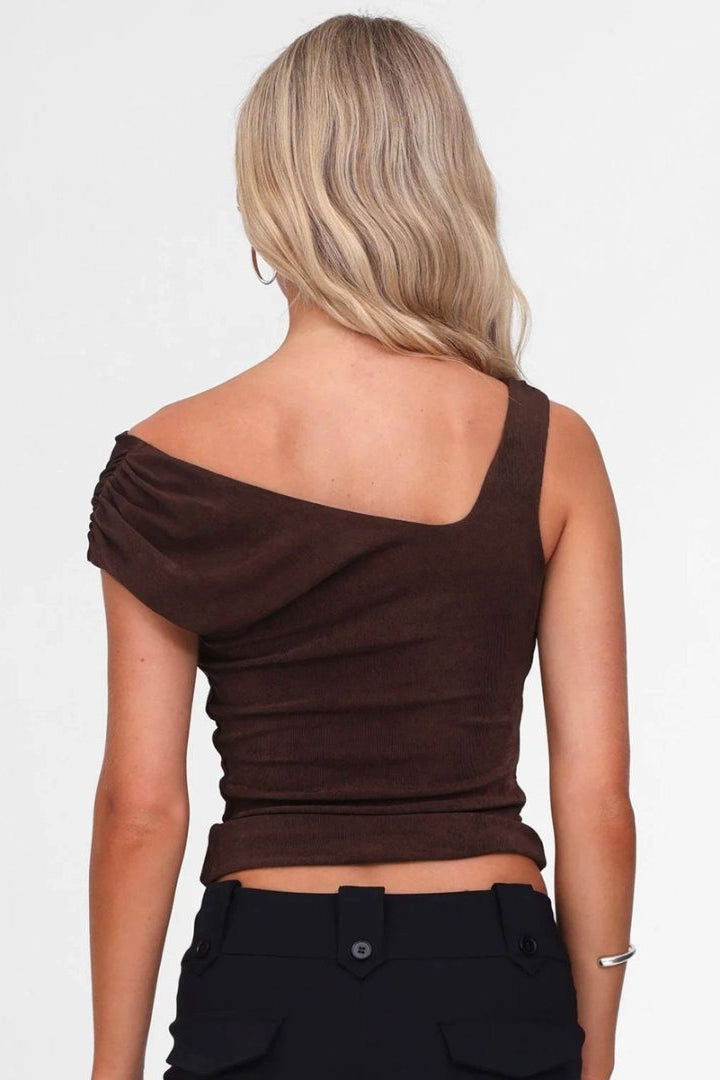 Solid Asymmetric Collar Sleeveless Tie Waist Crop Top