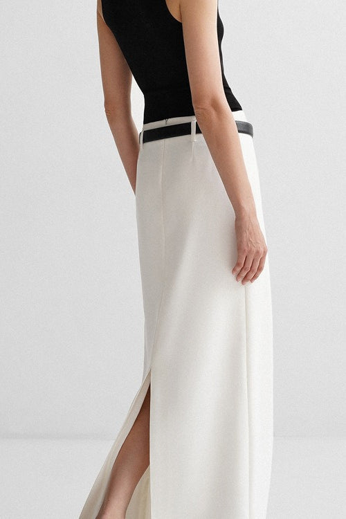 High Waist Belt Loop Tailored Straight Column Maxi Skirt 3