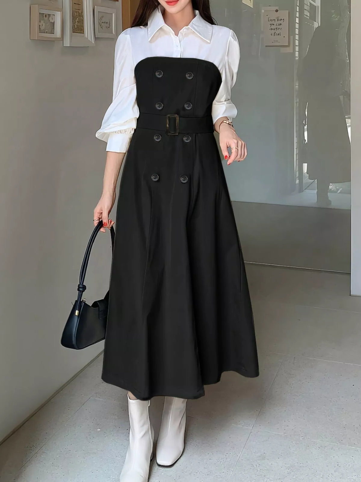 Two Tone Long Sleeve Collared Neck Dress