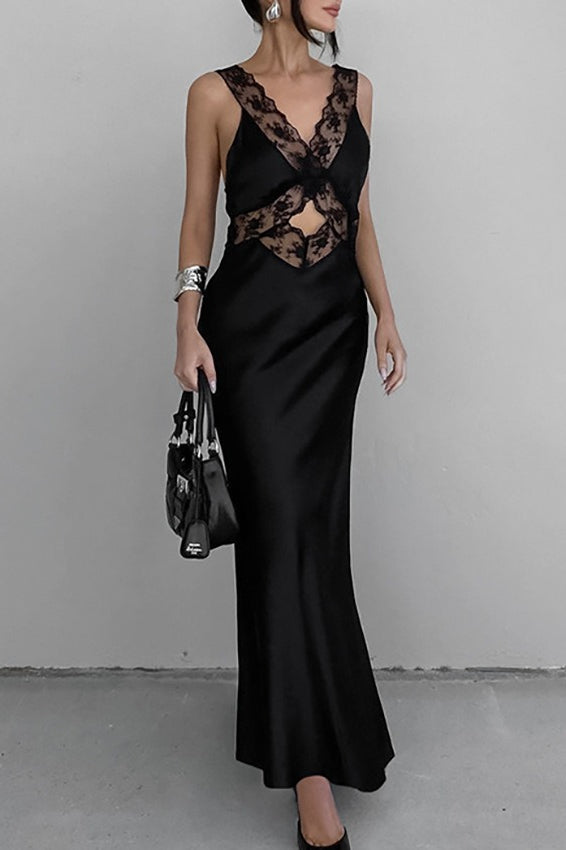 Satin Lace Trim V-Neck Cut Out Sleeveless Maxi Dress