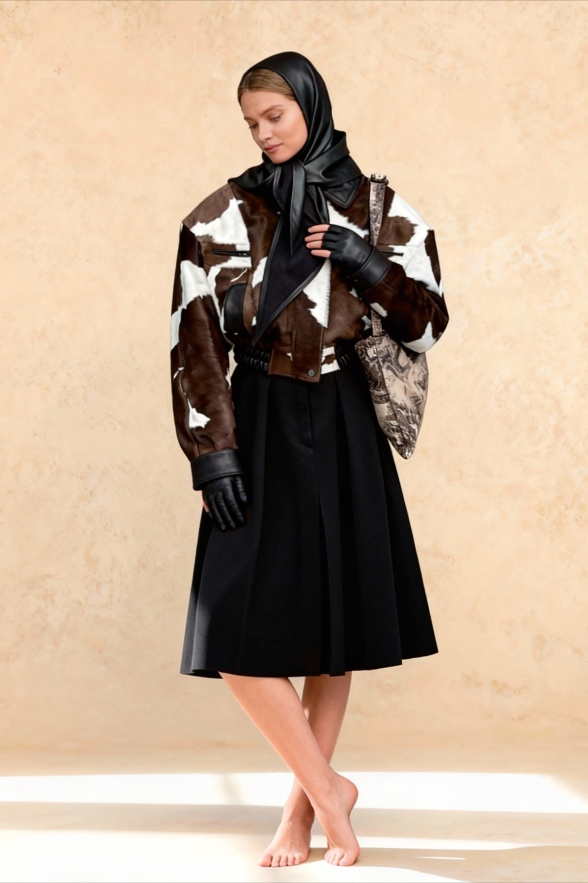 Cow Print Long Sleeve Elastic Hem Cropped Bomber Jacket 2