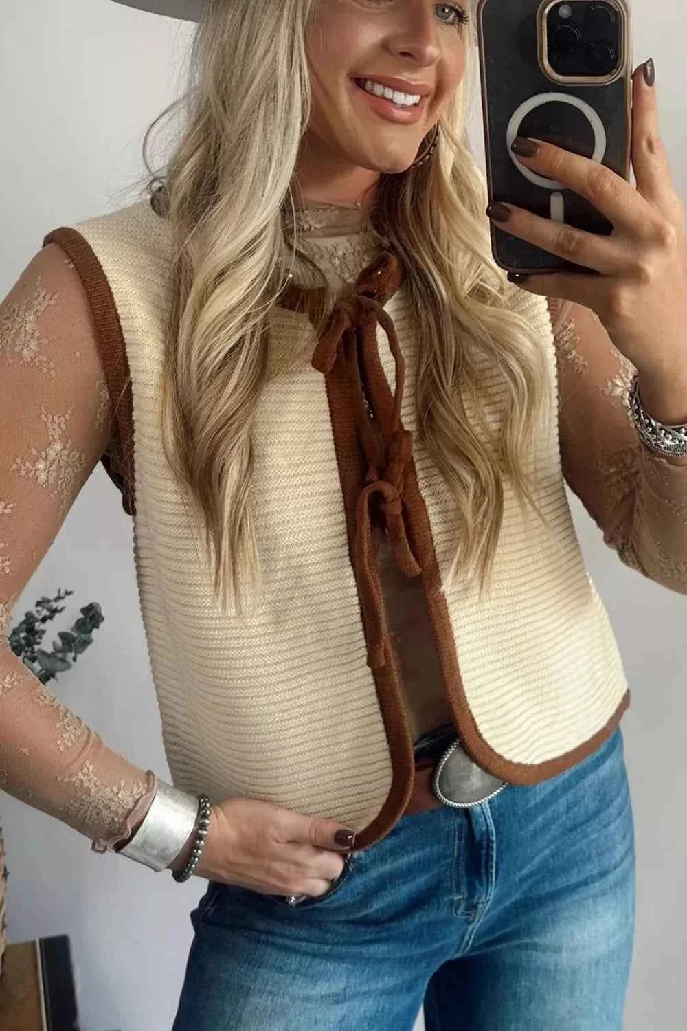Contrast Trim Tie-Front Sweater Vest