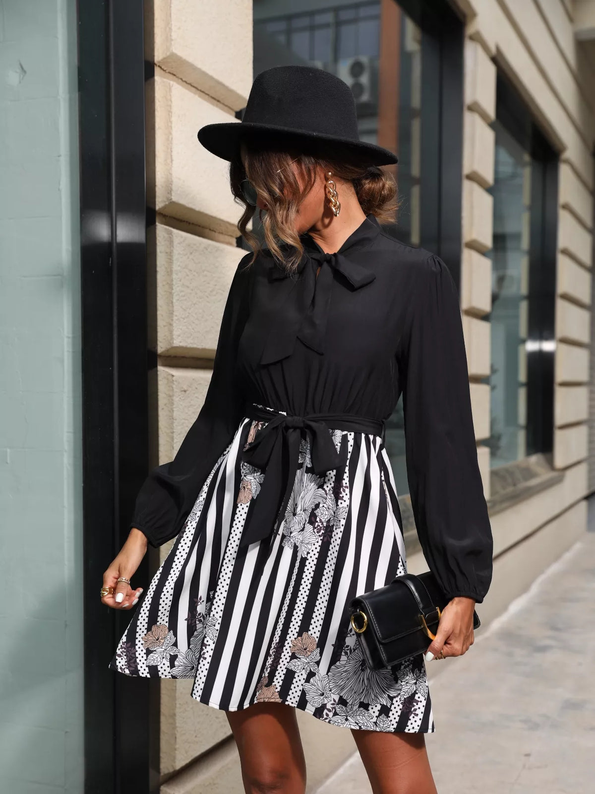 Striped Tie Front Long Sleeve Mini Dress