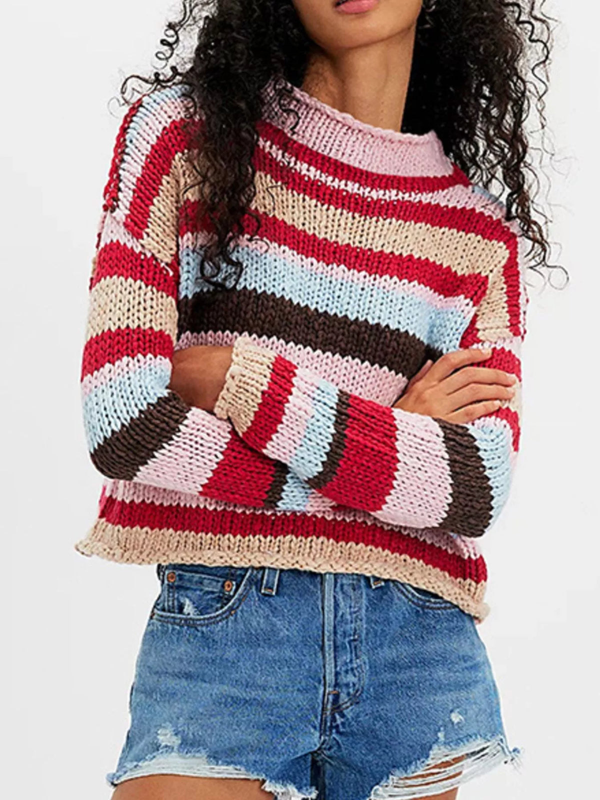 Wide Striped Mock Neck Long Sleeve Chunky Knit Cropped Sweater 13