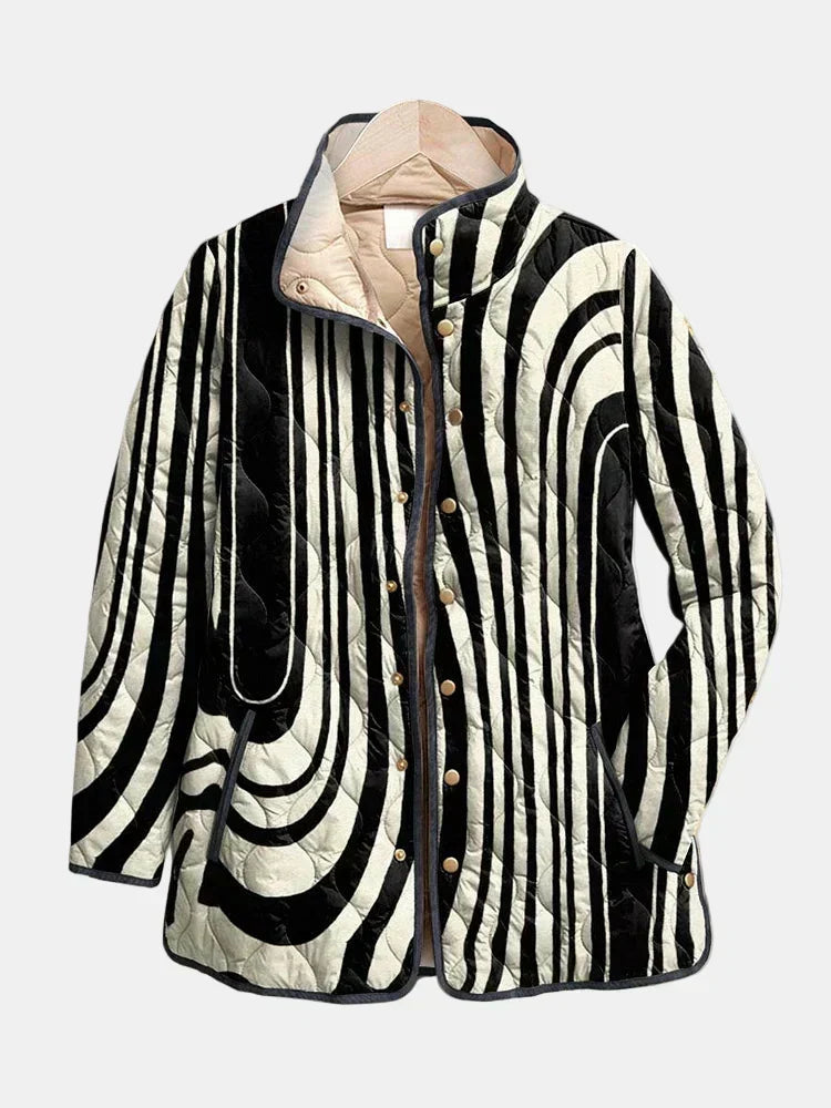 Zebra Stripe Stand Collar Quilted Button Front Jacket