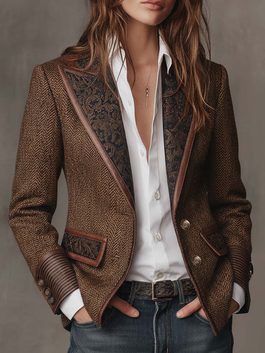 Herringbone Paisley Panel Faux Leather Trim Blazer