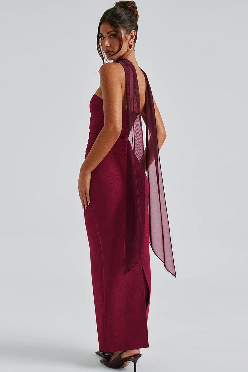 Strapless Choker Neck Ruched Sheer Glove Bodycon Maxi Dress