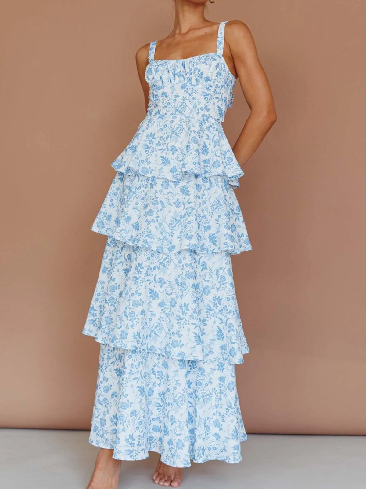 Floral Print Square Neck Cami Tiered Ruffle Maxi Dress 14
