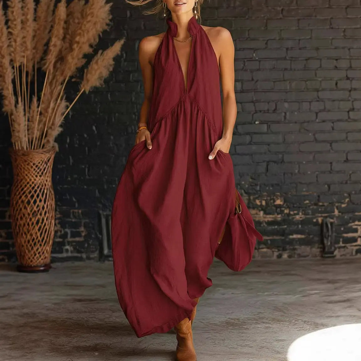 Halter Neck Deep V-Neck Pocket Maxi Dress 3