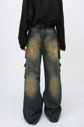Paneled Multi Pocket Distressed Vintage Cargo Jeans