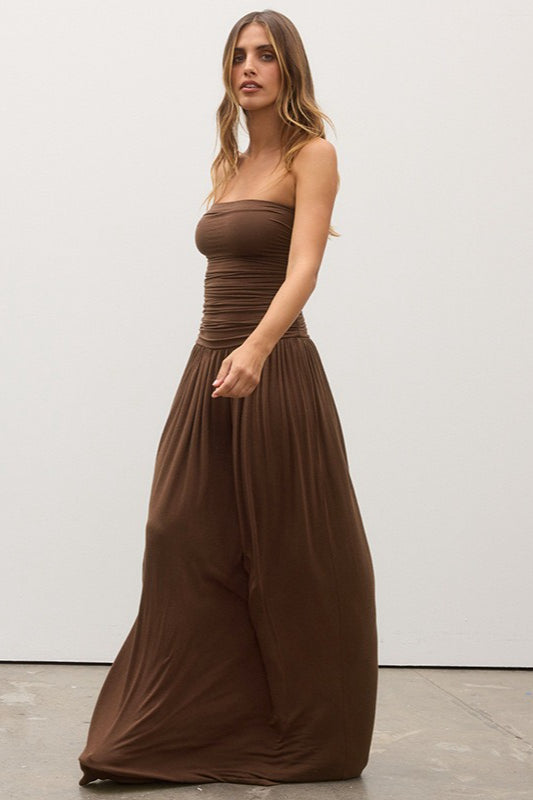 Strapless Ruched Flowy Maxi Formal Dress