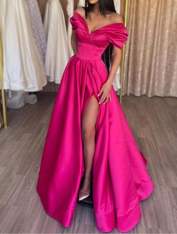 Chic Pleated Off Shoulder Slit Evening Dress Hot Pink A Line Party Prom Dress cc1674