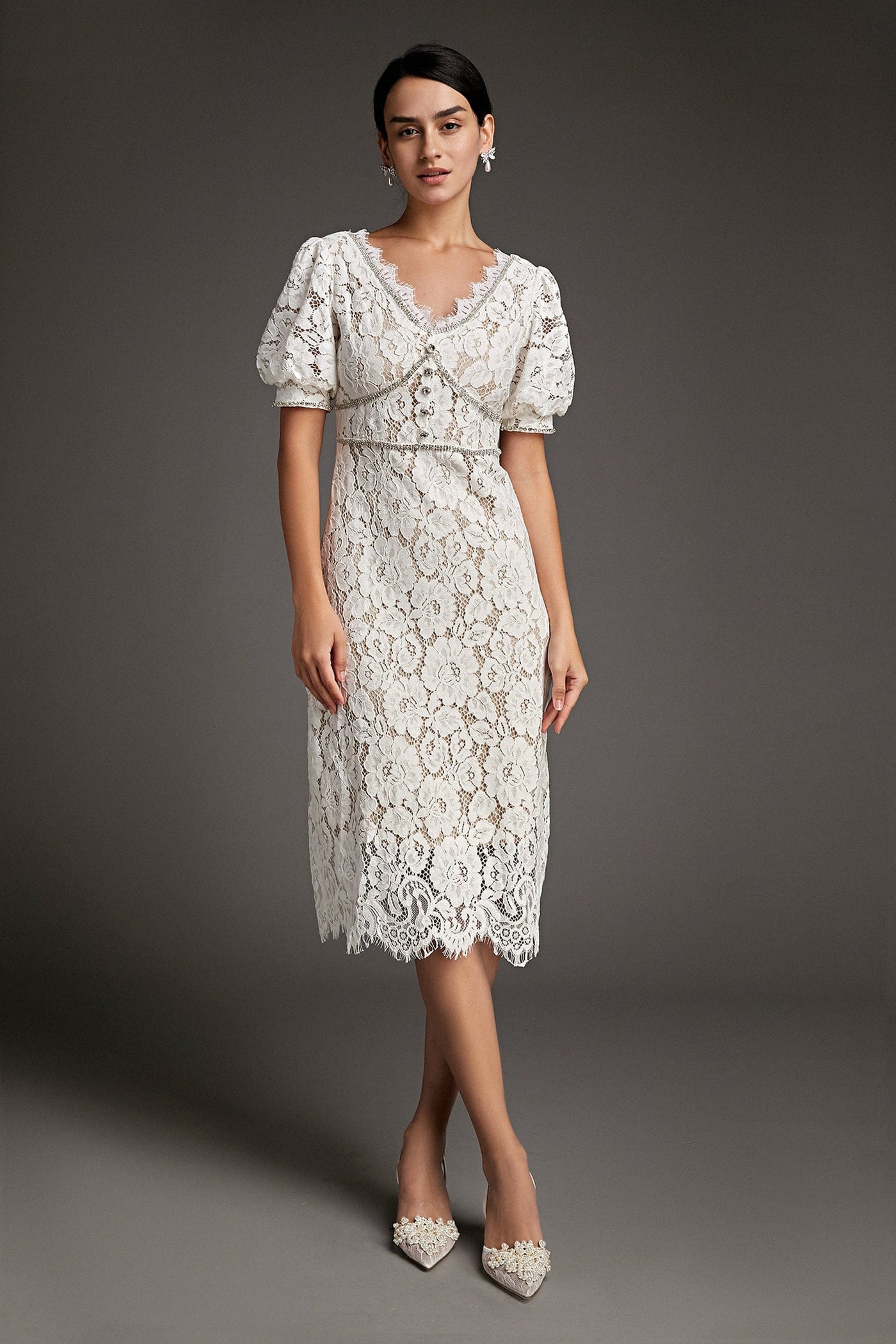 White Lace Overlay V-Neck Rhinestone Detail Midi Dress - View 3
