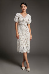 White Lace Overlay V-Neck Rhinestone Detail Midi Dress - View 3