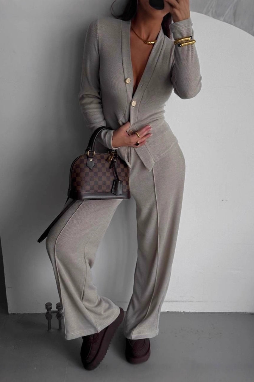 Ribbed Knit V-Neck Button Front Cardigan and Wide Leg Pants Two Piece Set 3