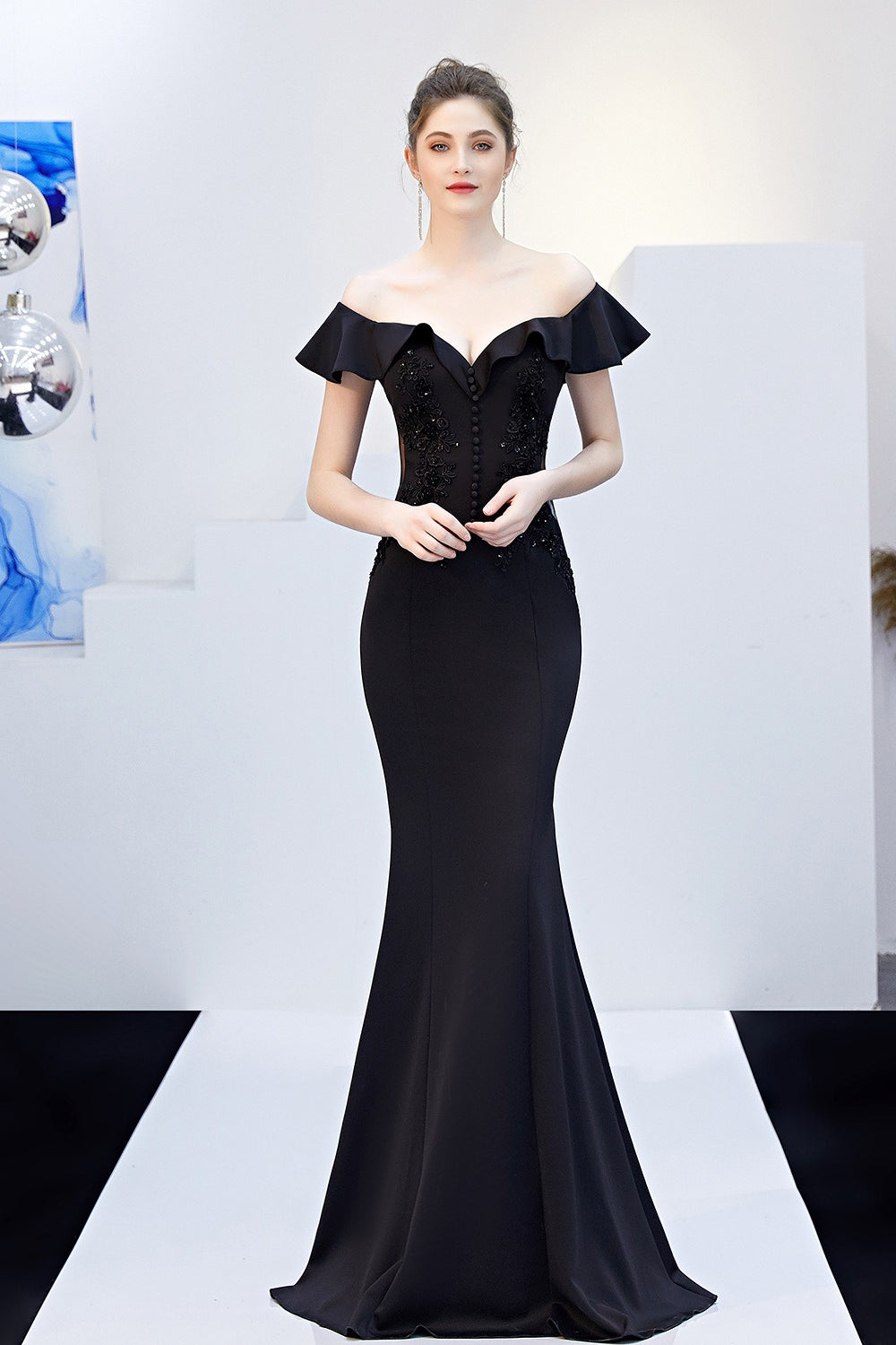 Off Shoulder Ruffle Beaded Mermaid Formal Gown